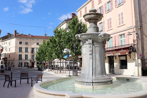 The Bourgoin fountain, located place du 23 August 1944, village of Bourgoin Jallieu, department of Isère, France