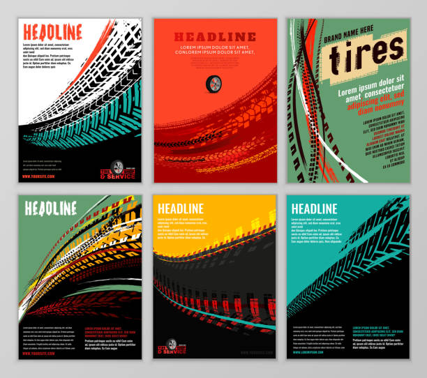 illustrazioni stock, clip art, cartoni animati e icone di tendenza di set brochure pneumatici - tire pattern rubber sports race