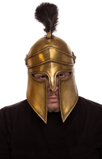 istock Man in historical copy helmet Spartan warrior on a white background 1243871842
