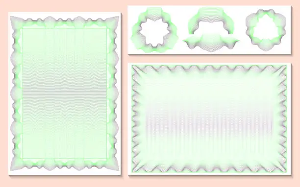 Vector illustration of Set of Template for certificate, currency and diplomas additional design elements. Guilloche thin green lines.