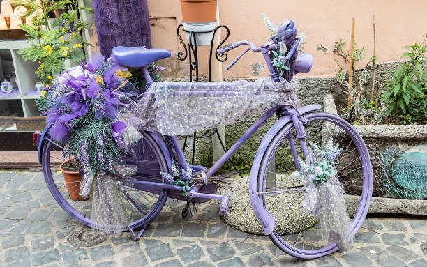 istock Vintage violet bicycle with flowers and laces 1243883159
