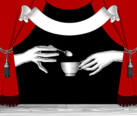 Female hands with a cup of coffee and a small spoon, red curtain on black background and ribbon banner. Vintage engraving stylized drawing. Retro concept 
poster and banner. Vector illustration