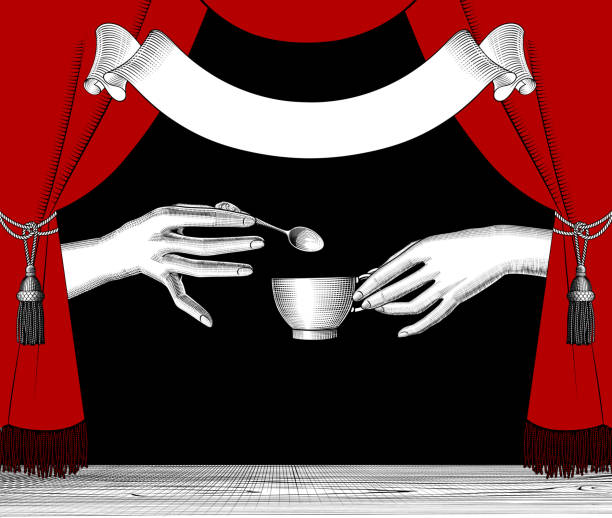 Hands with a cup of coffee, red curtain and banner Female hands with a cup of coffee and a small spoon, red curtain on black background and ribbon banner. Vintage engraving stylized drawing. Retro concept 
poster and banner. Vector illustration theatrical performance illustrations stock illustrations