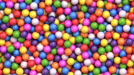 Colorful gumballs background. Assorted brightly colored candy gumballs or dragees. Realistic vector background