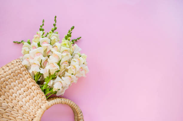 istock Handmade straw bag on pink background. 1243919167