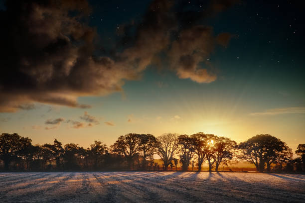 Sunrise over frosty fields in Norfolk stock photo