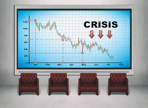Crisis chart on blue screen plasma panel and chairs in office interior. Business and bankruptcy concept.