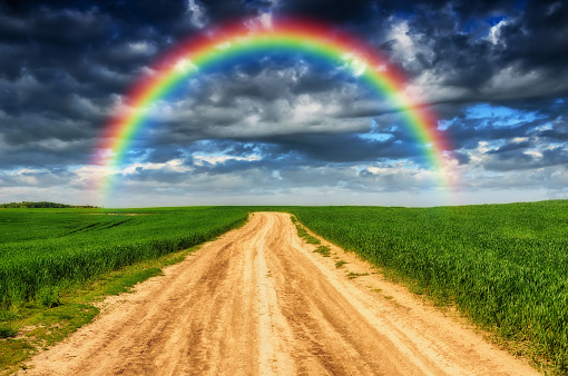 Rainbow over field road