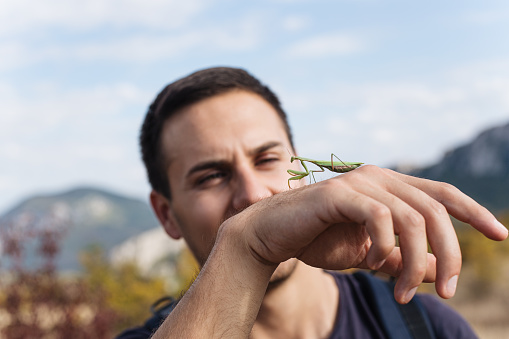 Biologist analyzing and playing with a praying mantis