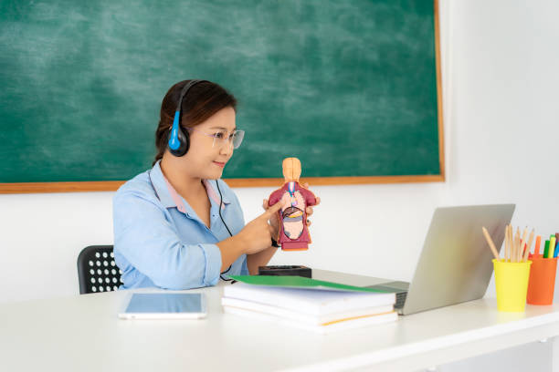 азиатская женщина учитель преподавания физиологии науки с помощью видеоконференции электронного обучения в ноутбуке с доской в классе. �до - human lung audio стоковые фото и изображения