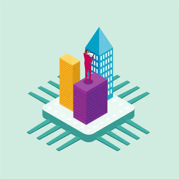 Vector illustration of The city is built on the CPU,A businessman standing on the roof using a tablet.