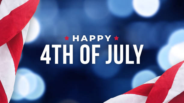 Happy 4th of July Text Over Blue Lights Texture Background and American Flags Happy 4th of July Text Over Blue Bokeh Lights Texture Background and American Flags fourth of july photos stock pictures, royalty-free photos & images