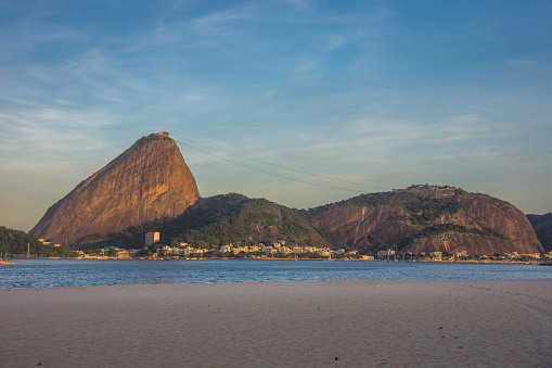 View of the famous Sugarlof Mountain (Morro Pão de Açúcar) from Flamengo Beach in Rio de Janeiro