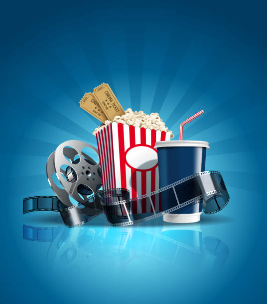 Cinema poster with cola, film-strip, and clapper. Vector. Composition with cola, film-strip, popcorn, tickets on blue background. Entertainment series. All objects are on separate layers. Vector. eps10 film industry stock illustrations