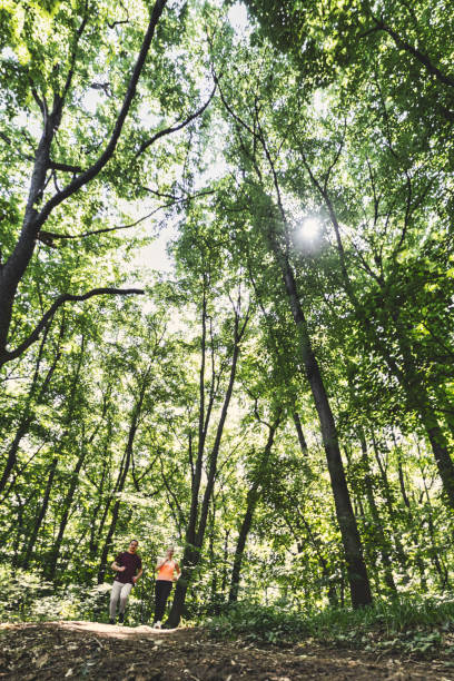istock Healthy couple jogging in nature 1244089958