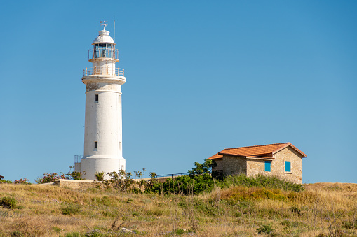 Lighthouse located inside Nea Pafos archaeological site on the coast of Paphos, Cyprus