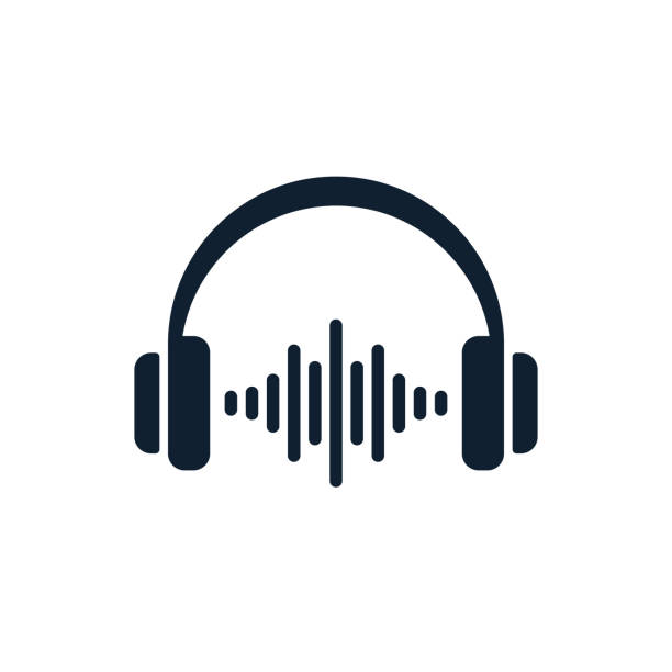 Headphones minimal icon with sound waves Headphones and sound waves on white background. Flat vector headphones design. dj logo stock illustrations