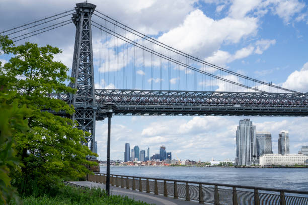 ウィリアムズバーグ橋の景色を望むマンハッタン下部のイーストリバー沿いの空の遊歩道 - east river riverbank waters edge suspension bridge ストックフォトと画像