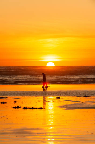 istock Man walks down tropical beach at sunrise 1244137385