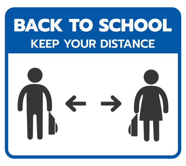 istock Back to school . keep your distance . covid-19 back to school Vector illustration Blue sign for post covid-19 coronavirus pandemic, covid safe economy and environment business concept 1244152925
