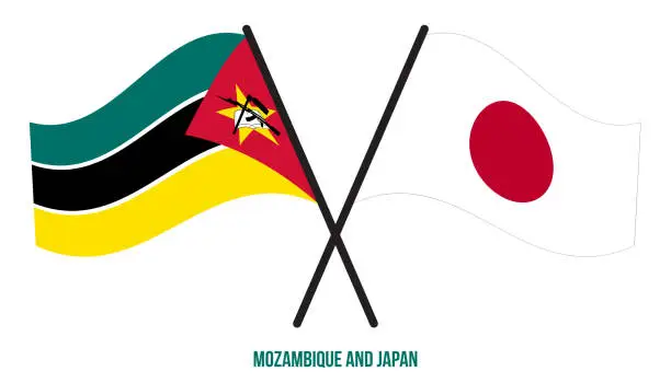 Vector illustration of Mozambique and Japan Flags Crossed And Waving Flat Style. Official Proportion. Correct Colors
