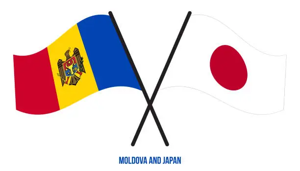 Vector illustration of Moldova and Japan Flags Crossed And Waving Flat Style. Official Proportion. Correct Colors