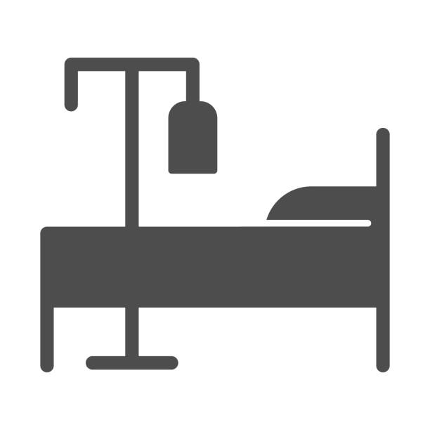 ilustrações, clipart, desenhos animados e ícones de ícone sólido de cama e conta-gota, conceito de terapia de emergência, cama hospitalar com placa de contador de gota no fundo branco, saco plástico com liguid em stand perto do estilo glifo ícone da cama. gráficos vetoriais. - liguid