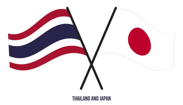 Vector illustration of Thailand and Japan Flags Crossed And Waving Flat Style. Official Proportion. Correct Colors