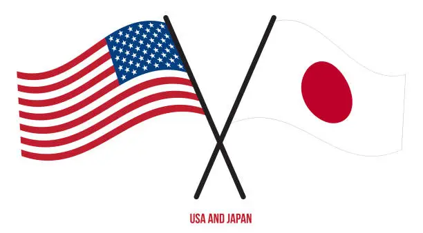 Vector illustration of USA and Japan Flags Crossed And Waving Flat Style. Official Proportion. Correct Colors