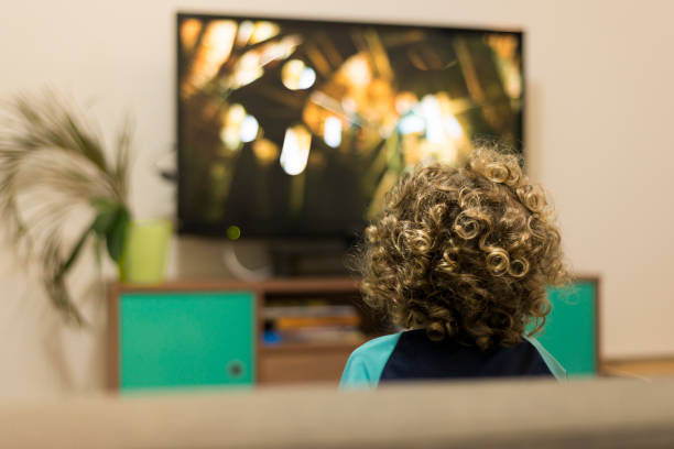 istock Boy on sofa streaming TV film over wifi quarantine 1244183038