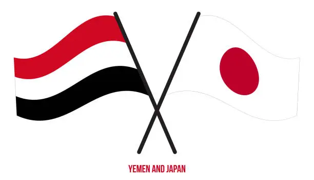 Vector illustration of Yemen and Japan Flags Crossed And Waving Flat Style. Official Proportion. Correct Colors