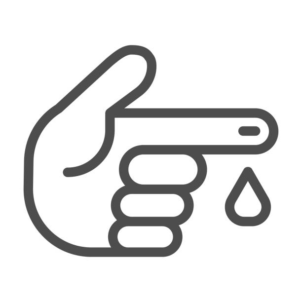 ilustrații de stoc cu mână cu pictograma linie de picătură de sânge, conceptul de medicină, semn de test de sânge pe fundal alb, degetul cu pictograma droplet în stil contur pentru conceptul mobil și web design. grafică vectorială. - diabet