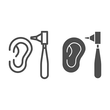 Otoscope and human ear line and solid icon, medical concept, Examination by otolaryngologist sign on white background, otoscope icon in outline style for mobile concept, web design. Vector graphics