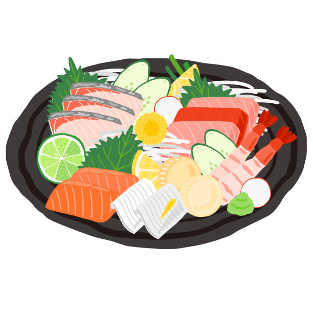 큰 접시에 일본 음식, 모듬 생선회 - food wasabi vegetable tuna stock illustrations