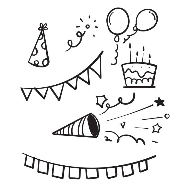 illustrations, cliparts, dessins animés et icônes de vecteur d’élément doodle dessiné à la main isolé - party hat party birthday confetti