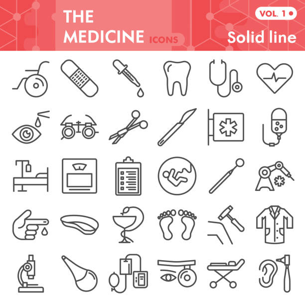 medizin linie symbol-set, heide pflege symbole sammlung oder skizzen. medizinische zeichen für web, lineare stil piktogramm paket isoliert auf weißem hintergrund. vektorgrafiken. - stethoscope medical supplies medical instrument medical equipment stock-grafiken, -clipart, -cartoons und -symbole