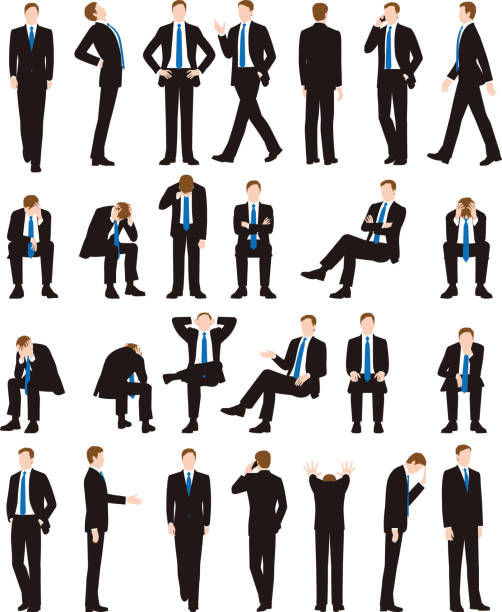 illustrations, cliparts, dessins animés et icônes de diverses postures et mouvements d’un homme d’affaires - sitting men white background people