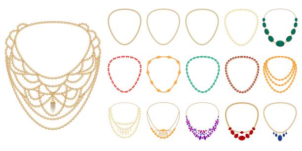 illustrations, cliparts, dessins animés et icônes de ensemble d’icônes de collier, modèle de dessin animé - necklace chain gold jewelry