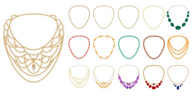 zestaw ikon naszyjników, styl kreskówki - necklace stock illustrations