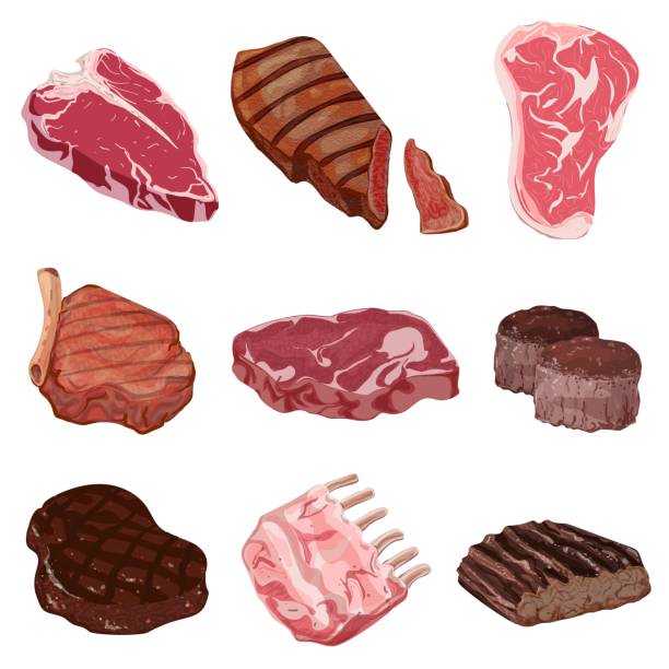 illustrazioni stock, clip art, cartoni animati e icone di tendenza di set di icone bistecche, stile cartone animato - raw meat steak beef