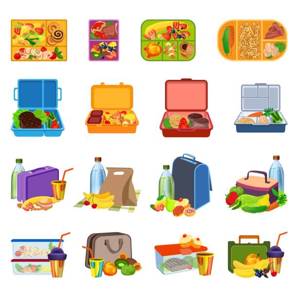 bildbanksillustrationer, clip art samt tecknat material och ikoner med lunchbox ikoner uppsättning, tecknad stil - matlåda
