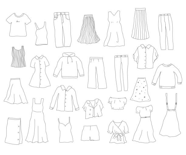 illustrations, cliparts, dessins animés et icônes de fasihon vêtements vente à la main dessiné vecteur ensemble - skirt consumerism jeans pants