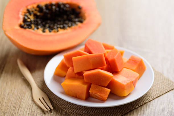 istock Sliced papaya fruit on plate 1244370772