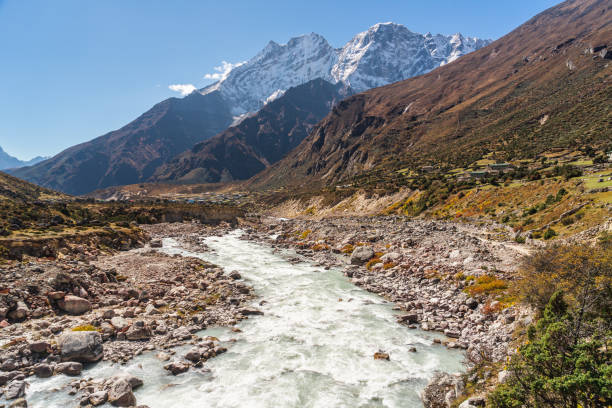 istock Fresh stream river and Kongde mountain peak, Himalaya mountains range in Everest base camp trekking route, Nepal 1244372872
