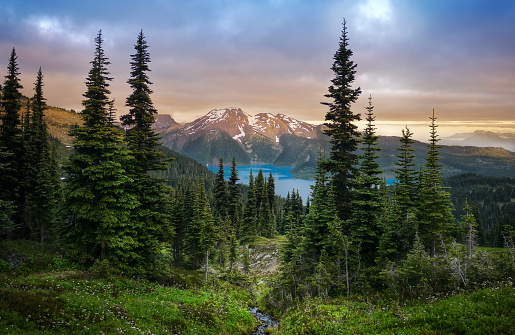 View of a mountain lake between fir trees. Mountain peaks above the lake lit by sunset rays. Canada