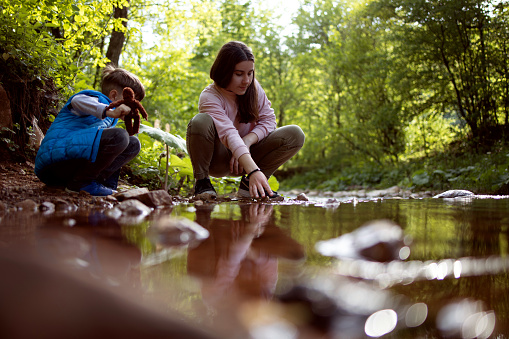 Brother and sister are playing next to the creek in nature. It is located in eastern Serbia.