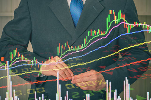 Stock market CFP professional advisor, technical analysis brokers, financial concept : Depicting investor monitors indices signals using  indicators