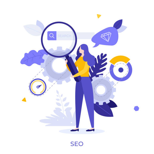 Abstract character concept Woman holding giant magnifying glass or loupe. Concept of SEO or search engine optimization, internet algorithm for increasing website visibility, online marketing strategy. Flat vector illustration. looking at view illustrations stock illustrations