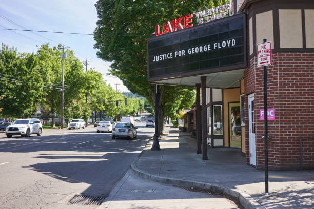 Justice Billboard Lake Oswego, OR, USA - Jun 2, 2020: The cinema billboard of a local theater in Lake Oswego, Oregon, has been changed to support the nationwide protest demanding justice for George Floyd. george floyd protests stock pictures, royalty-free photos & images