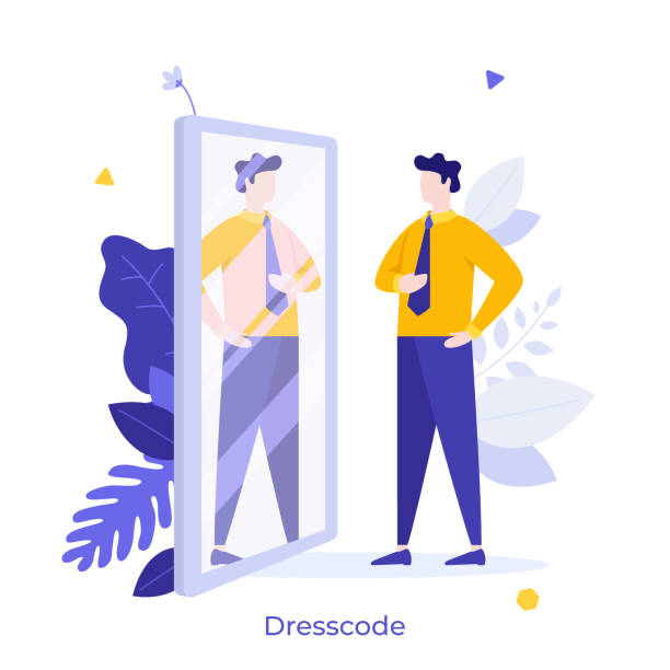 Abstract character concept Clerk, manager or businessman looking at his reflection in mirror and evaluating his attire. Concept of office dress code, formal clothing, business clothes. Modern flat colorful vector illustration. image computer graphic little boys men stock illustrations